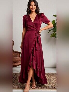 SUGAR+LIPS Women Maxi Dress Size Small Burgundy Satin Ruffle Wrap Maxi Dress
